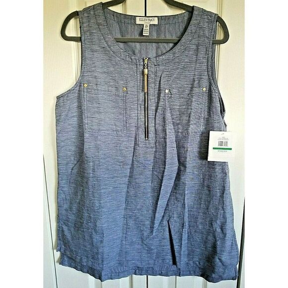 Ellen Tracy‎ Linen Blend Navy Sleeveless Top Women's Size Large NWT - Picture 1 of 7